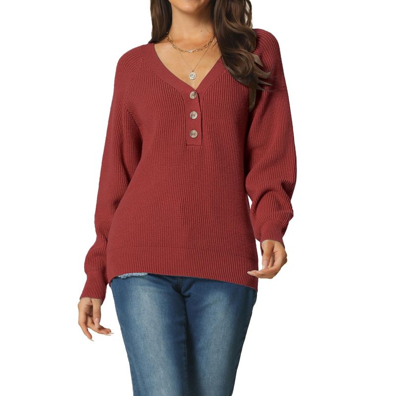 Seta T Women's Long Sleeve V Neck Button Front Solid Ribbed Knit Pullover Sweaters, 1 of 6