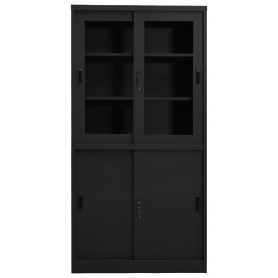 vidaXL Steel Office Cabinet with Tempered Glass and Sliding Doors, 35.4"x15.7"x70.9", 3 Adjustable Shelves, Lockable, Anthracite