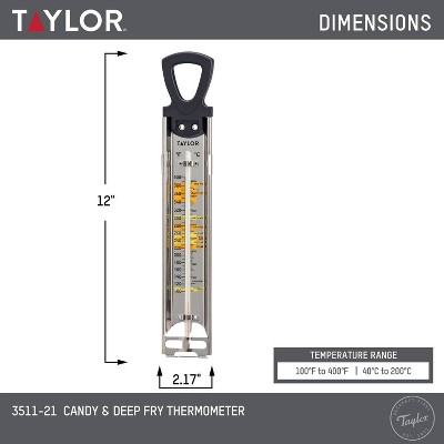 Taylor Candy Deep Fry Analog Kitchen Cooking Thermometer: Stainless Steel, Clip Mount, 100-400°F, Reads Celsius & Fahrenheit