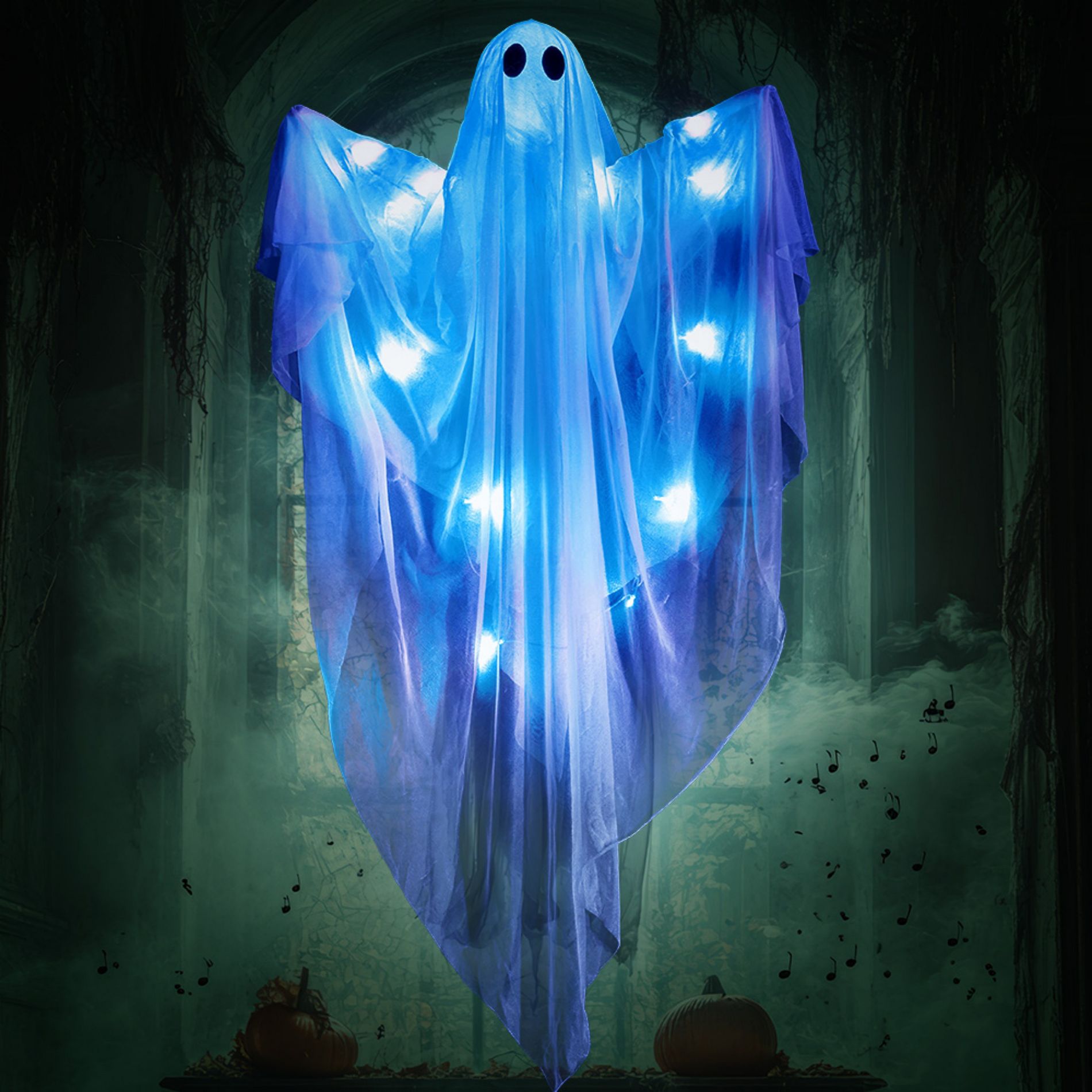 Joyfy Halloween Hanging Ghost Outdoor Decoration, 47” LED Light Hanging Ghost Halloween Decoration for Party Indoor Outdoor Yard Lawn Decor-Blue
