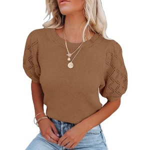 Womens Short Sleeve Lightweight Sweaters Crewneck Knit Pullover Tops with Crochet Sleeve Casual Crochet Blouse Shirt for Spring, Summer - 1 of 4