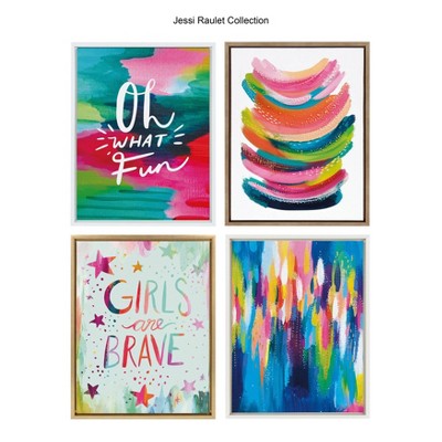 Bright Brush Strokes Abstract Canvas Wall Art with White Frame