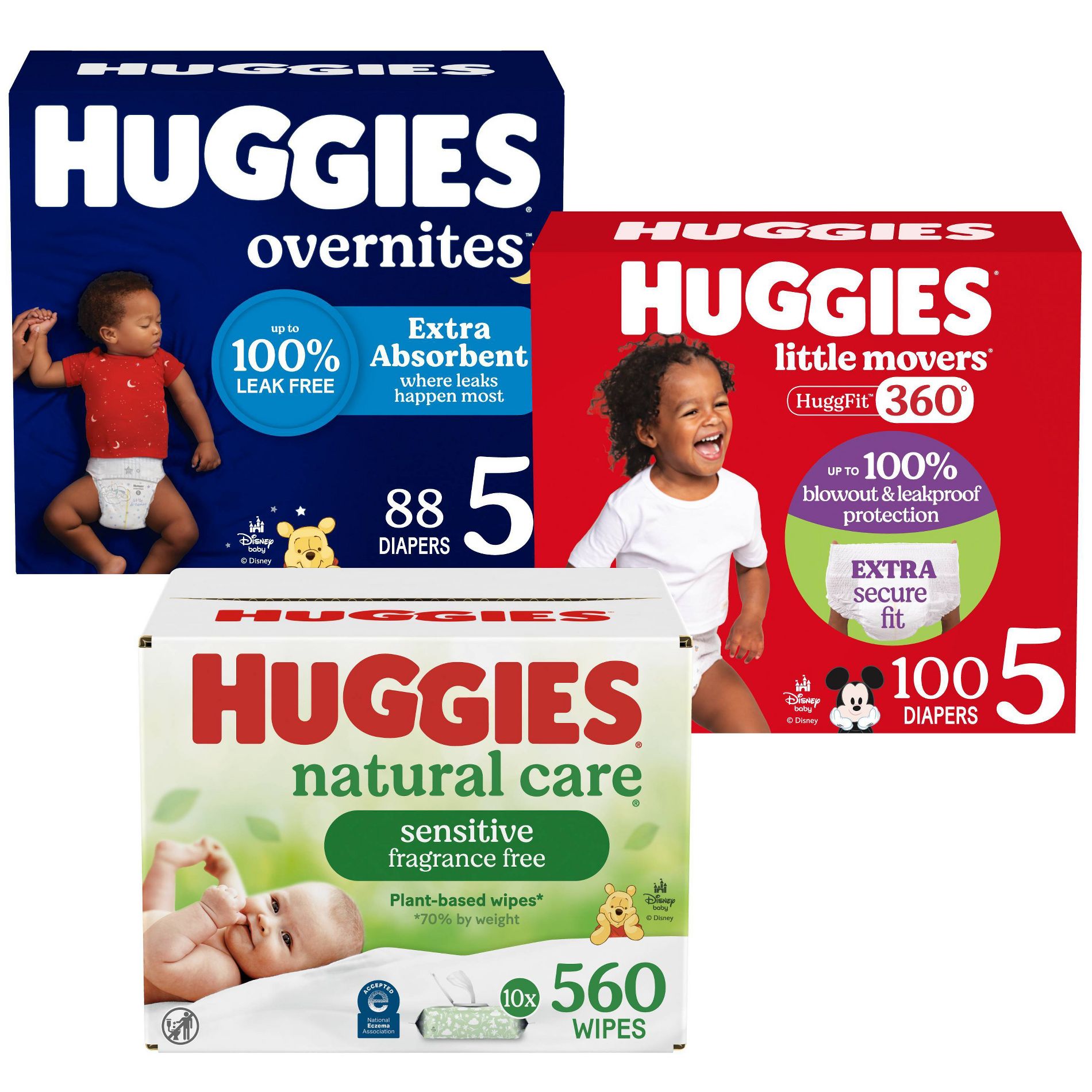 Huggies Unscented Baby Wipes 10pack + Overnites Nighttime Baby Diapers Size 5/88ct + Little Movers HuggFit 360 Pull On Diapers Size 5/100ct