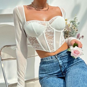Coolmee Womens Summer Long Sleeved Mesh Tops Patchwork Lace See Through Fishbone Tight And Sexy Short Shirt Blouses White L - 1 of 4