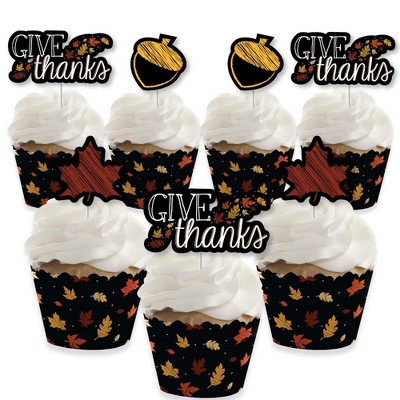 Big Dot of Happiness Give Thanks - Cupcake Decoration - Thanksgiving Party Cupcake Wrappers and Treat Picks Kit - Set of 24