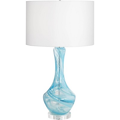 Possini Euro Design Modern Table Lamp Clear Blue Art Glass Gourd White Drum Shade Living Room Bedroom Bedside Nightstand