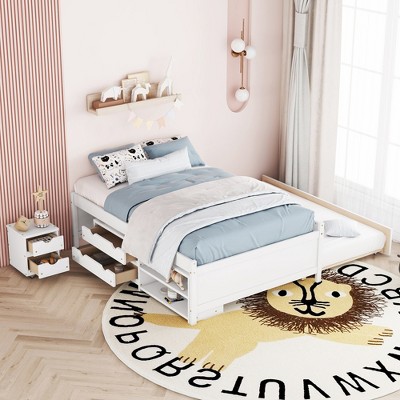 GDFStudio Egbert 3pcs Full Size Wood Bedroom Furniture Sets with Trundle, Shelves and Nightstand