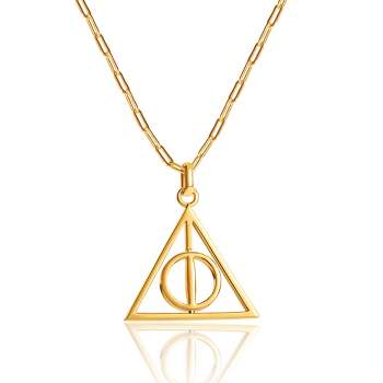 Harry Potter Womens Deathly Hallows 18KT Gold Plated Paperclip Chain Necklace with Spinning Deathly Hallows Pendant, 18"