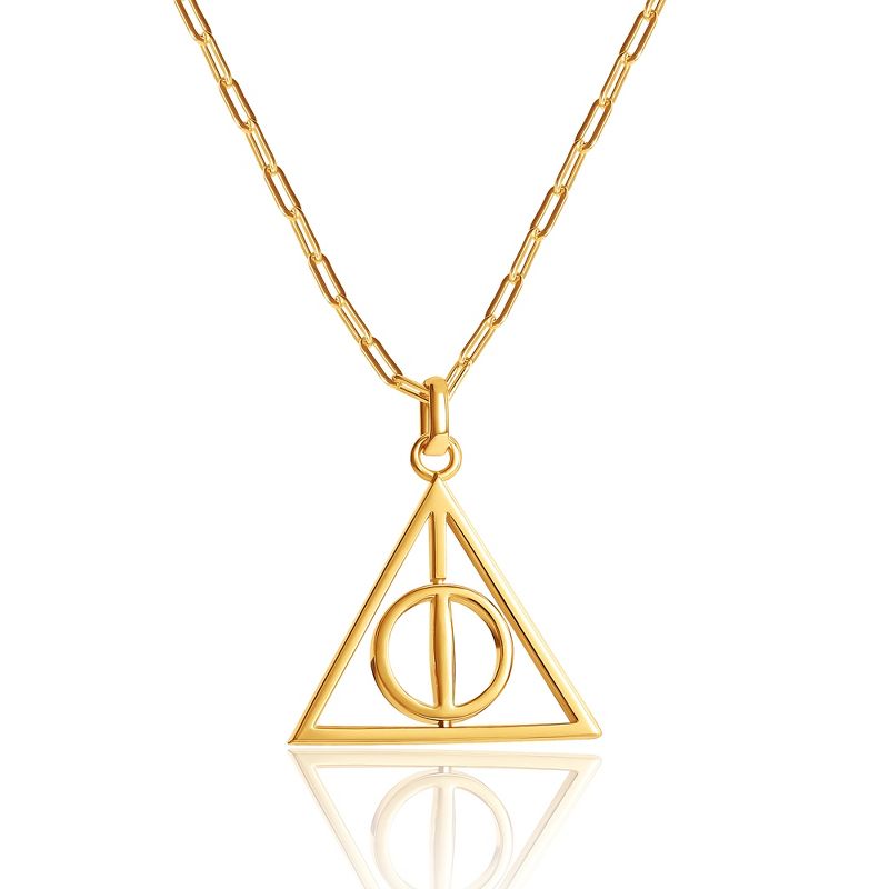 Harry Potter Womens Deathly Hallows 18KT Gold Plated Paperclip Chain Necklace with Spinning Deathly Hallows Pendant, 18", 1 of 7
