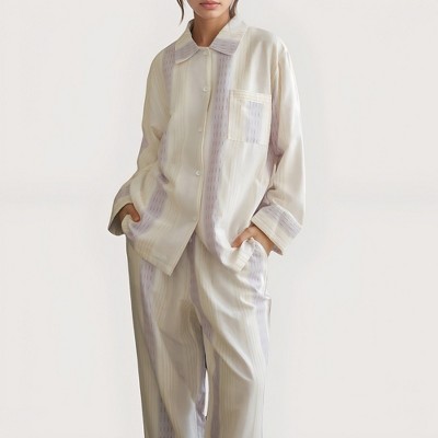 Anna-Kaci Lounge Women's Striped Woven Pajama Set with Collared Long Sleeve Top and Cuffed Wide Leg Pants