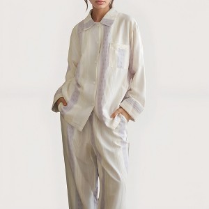 Anna-Kaci Lounge Women's Striped Woven Pajama Set with Collared Long Sleeve Top and Cuffed Wide Leg Pants - 1 of 4