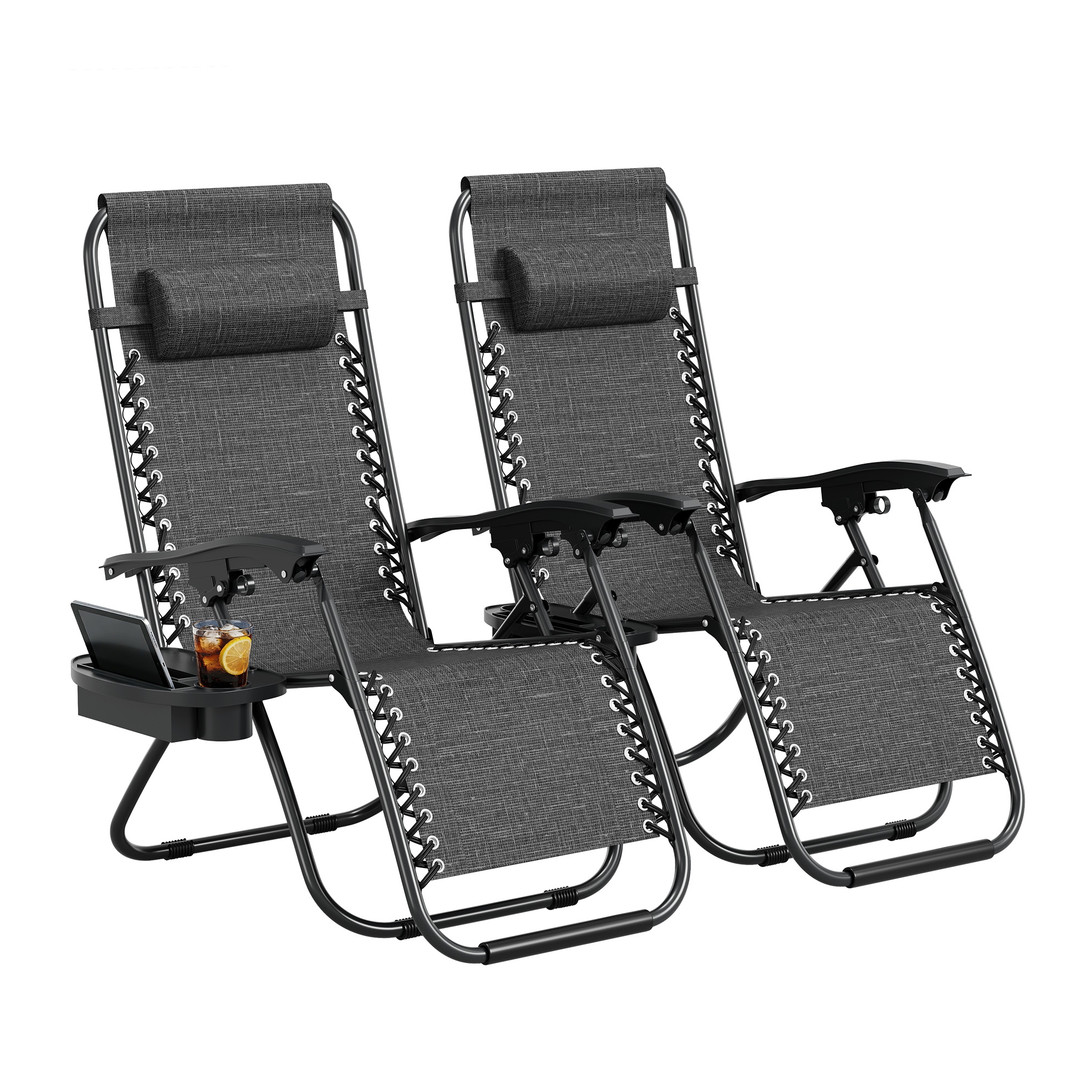 Zero Gravity Chair Set of 2, Outdoor Patio Lounge Chairs with Pillow & Cup Holder Tray, Adjustable Reclining Folding Chairs for Beach, Yard,Grey