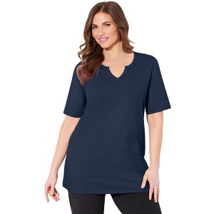 Catherines Women's Plus Size Suprema Embroidered Notch-Neck Tee - 1 of 3