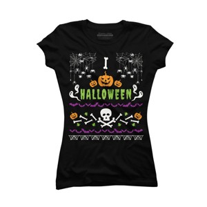 Junior's Design By Humans Halloween Lover Ugly Sweater By machmigo T-Shirt - 1 of 3