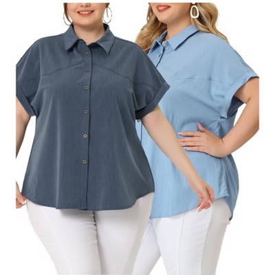 Agnes Orinda Women's Plus Size Roll Sleeves Chambray Work Packs Buttons Down Shirts
