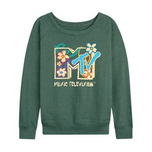 Women's - MTV - Drawn Floral Logo Lightweight French Terry Wide Neck Long Sleeve Shirt - 1 of 4