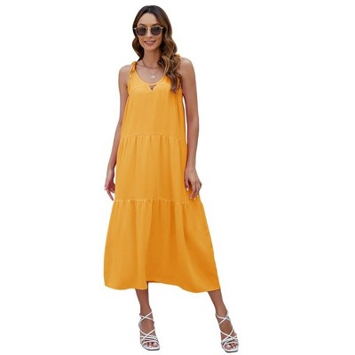 Womens Spaghetti Strap Sundress V Neck Tiered Dress Adjustable Strap Keyhole Cover Up Dresses for Beaches Sleeveless Beach Dress - Yellow,XL