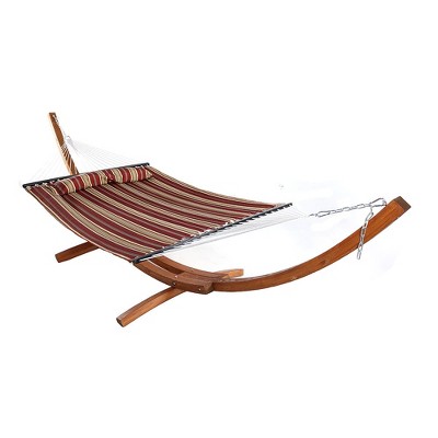 Sunnydaze Quilted Double Fabric 2-Person Hammock with Curved Arc Wood Stand - 400 lb Weight Capacity/13' Stand - Red Stripe