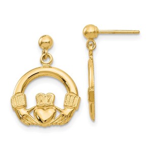 Black Bow Jewelry 13mm Dangling Claddagh Post Earrings in 14k Yellow Gold - 1 of 4