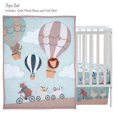 Blue Microfiber 3-Piece Animal Hot Air Balloon Crib Bedding Set