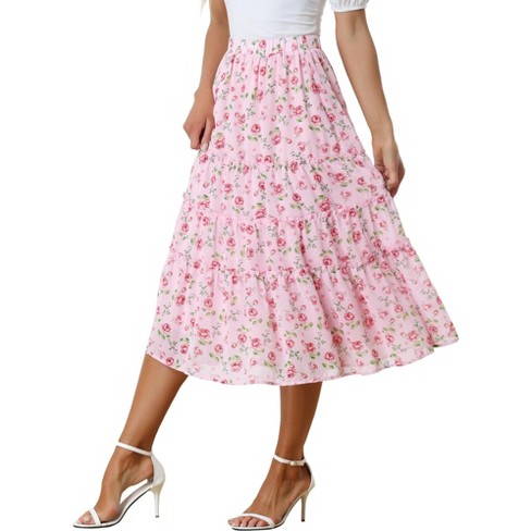 Allegra K Women s Floral Elastic Waist Tiered Ruffle Boho Midi Skirts Pink Rose Small Target