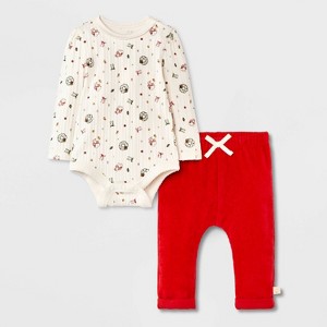 Baby Girls' 2pc Peanuts Little Snoopy Christmas Bodysuit and Pants Set - Red - 1 of 4