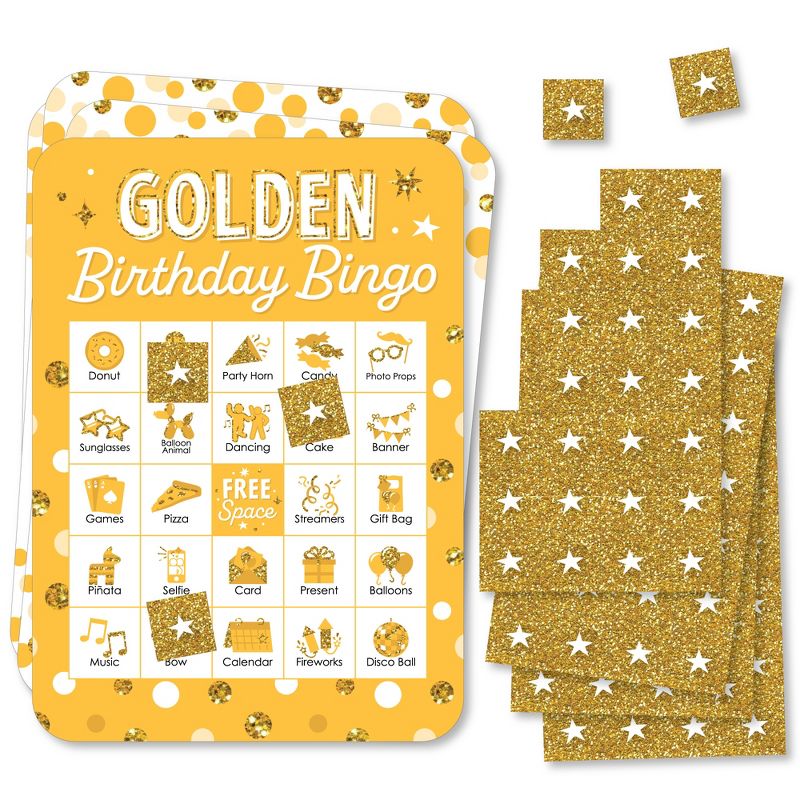 Big Dot of Happiness Golden Birthday - Picture Bingo Cards and Markers - Birthday Party Bingo Game - Set of 18, 1 of 6
