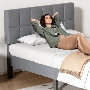 Mr Ironstone bed frame with headboard, linen upholstered platform bed frame with wooden strip support - 1 of 4