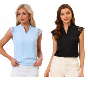 INSPIRE CHIC Women's Work Office V Neck Stand Collar Lace Cap Sleeve Basic Blouse 2 Pieces - 1 of 4