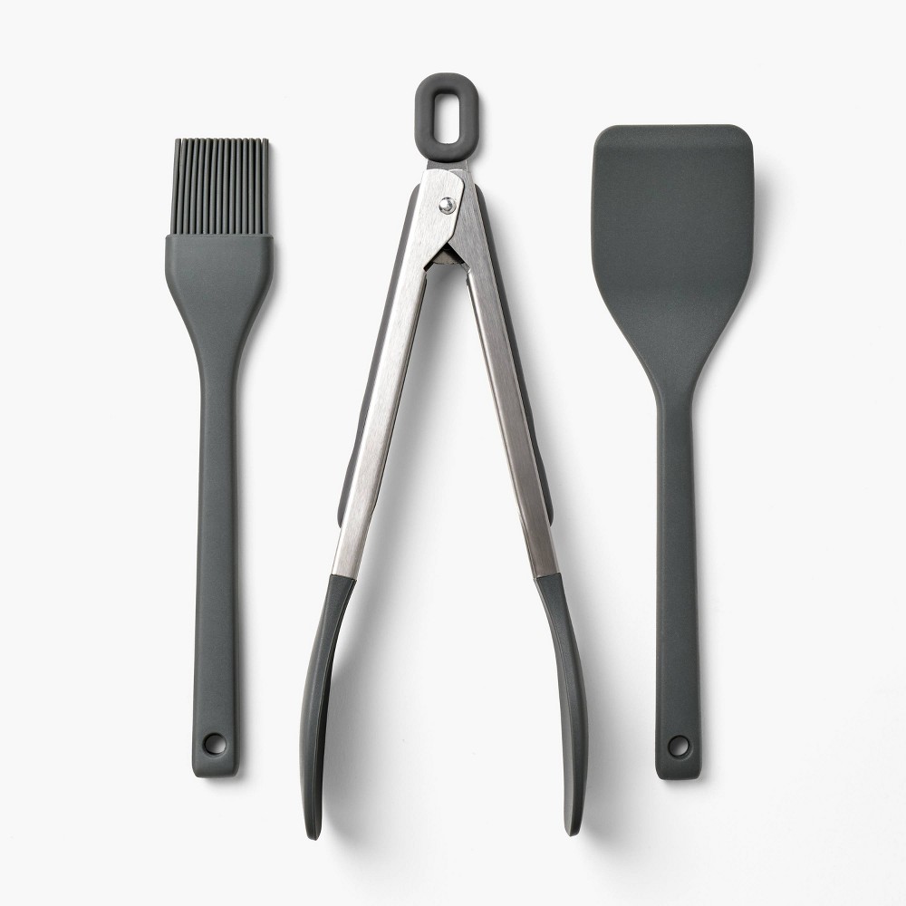 Photos - Other Accessories 3pc Silicone Mini Turner Basting Brush and Tongs Set Dark Gray - Figmint™