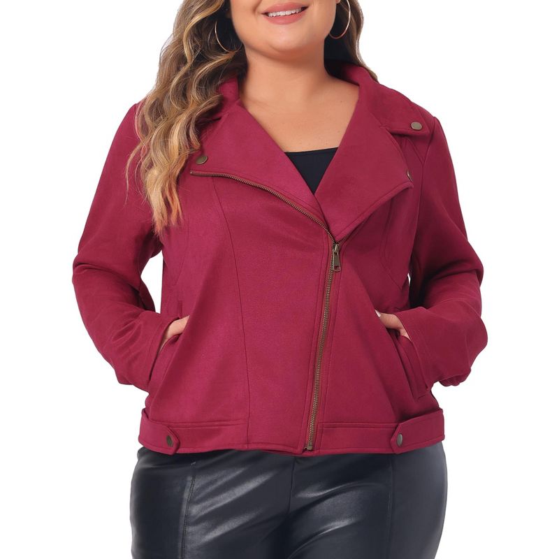 Agnes Orinda Women's Plus Size Faux Suede Lapel Collar Long Sleeve Zipper Moto Jacket, 1 of 6