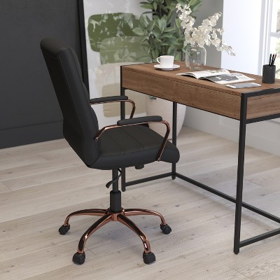 Mid-Back Black Faux Leather Office Chair with Rose Gold Accents
