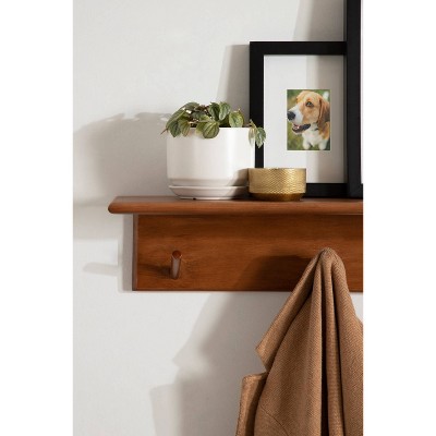 Walnut Brown 36" Floating Wood Shelf with Hooks