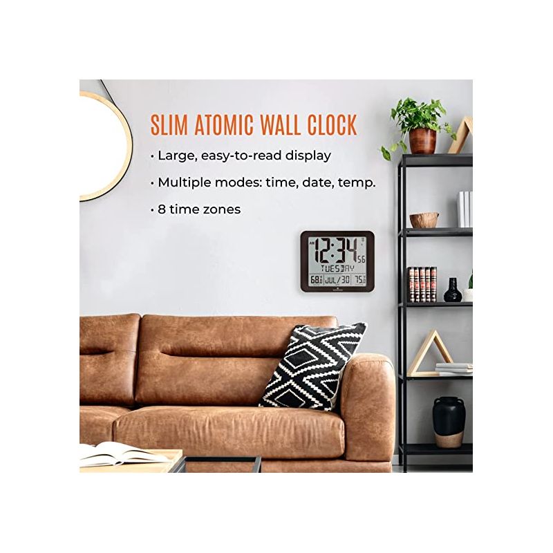 Marathon Slim Atomic 10-Inch Wall Clock  Full Calendar Display With Indoor & Outdoor Temperature, 2 of 7