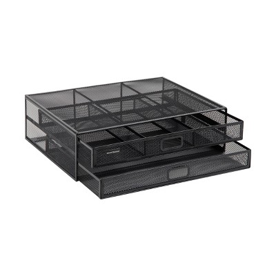 Black Metal Mesh Monitor Stand with Storage Drawers