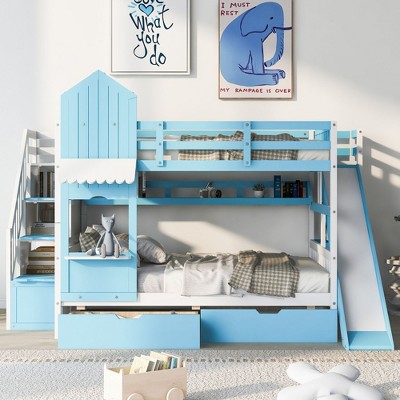 NicBex Full Over Full/Twin over Twin Bunk Bed with 2 Drawers 3 Shelves,Castle Style Loft Bed with Slide for Bedroom,Pink/White/Gray/Blue