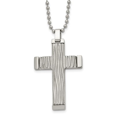 Black Bow Jewelry Men's Stainless Steel Textured Wave Design Cross Necklace, 22 Inch