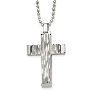 Black Bow Jewelry Men's Stainless Steel Textured Wave Design Cross Necklace, 22 Inch - 1 of 4
