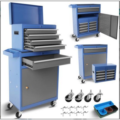 5-Drawer Rolling Tool Chest, 2-in-1 Steel Tool Storage Chest with Locking Wheels & Anti-Slip Trays, Detachable Toolbox, Adjustable Shelves for Garage