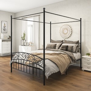 Canopy Bed Frame Box Spring Not Required, Queen/ Full Metal Bed Frame With Headboard And Footboard Sturdy Slatted Structure - 1 of 4