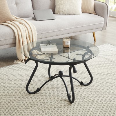 VYNXARIA 2-Piece Rustic Black Tempered Glass Coffee Table Set for Living Room