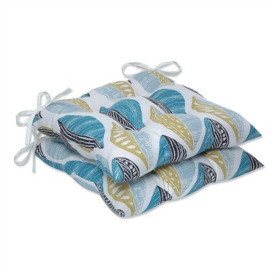 Pillow Perfect Set of 2 Leaf Block Outdoor/Indoor Tufted Seat Cushions Teal/Citron
