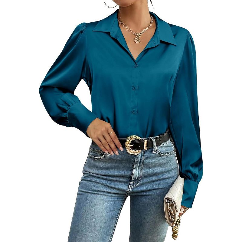 Zeagoo Womens Satin Blouse Lantern Long Sleeve Silk Button Down Shirt Dressy Casual Business Work Tunic Tops Blue Green S