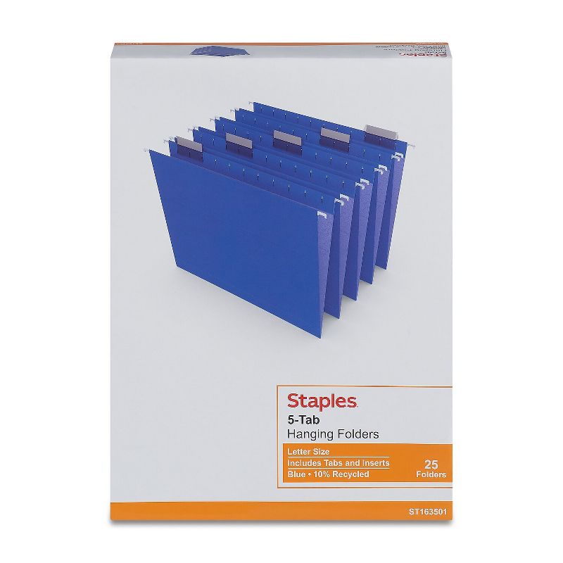 Staples Hanging File Folders 5-Tab Letter Size Blue 25/Box (163501) TR163501, 5 of 7