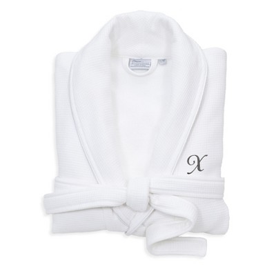 Linum Home Textiles Hotel 100% Turkish Cotton Unisex Waffle Terry Personalized White Bathrobe with Satin Piped Trim in Dark Gray Script Font