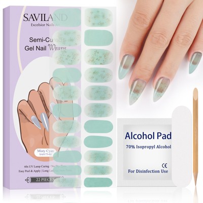 Saviland Women's 22pcs Semi-Cured Gel Nail Strips Kit - Glossy & Long-Lasting with Tools.(Misty Cyan Series)