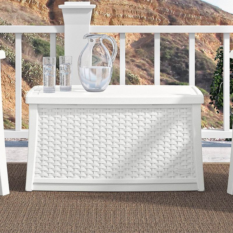Suncast Elements 30 Gallon Outdoor Deck Patio Resin Wicker Coffee Table, White, 2 of 6