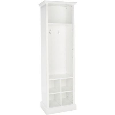 Antique White Wood Hall Tree with Shelves and Hooks
