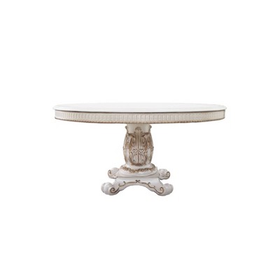 Antique Pearl Finish Round Wooden Dining Table with Pedestal Base