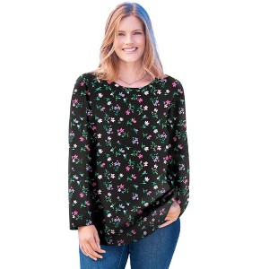 Woman Within Plus Size Perfect Printed Long-Sleeve V-Neck Tee - 1 of 4
